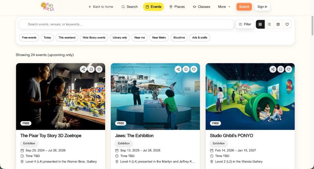 PlayMap LA events page with search, filter chips, and event cards for LA families