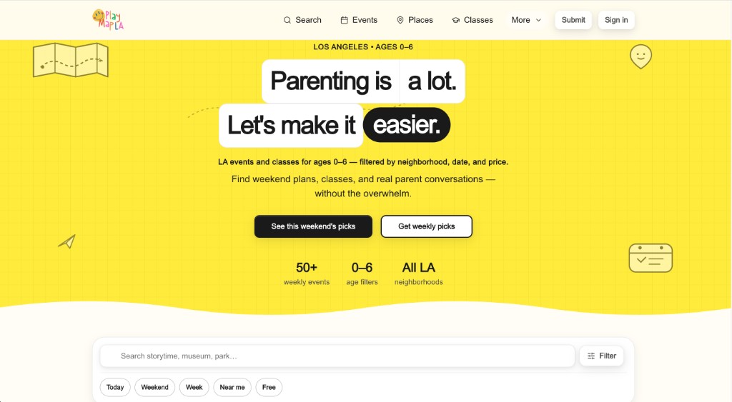 PlayMap LA homepage with parent-first messaging, search, and quick filters for LA families ages 0–6