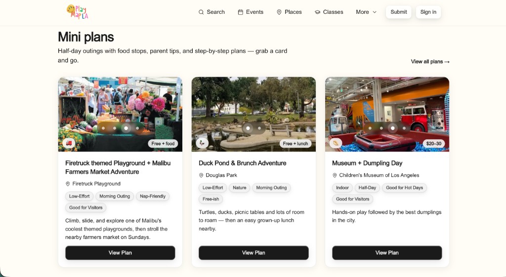 PlayMap LA mini plans with half-day outing cards for LA families