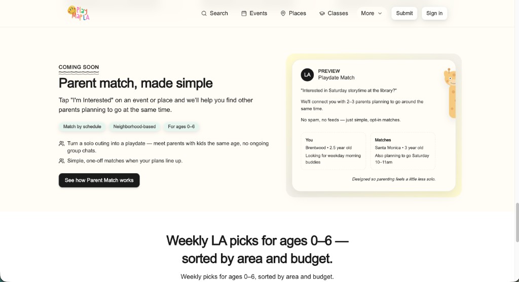 PlayMap LA Parent Match feature preview for connecting LA parents at the same events