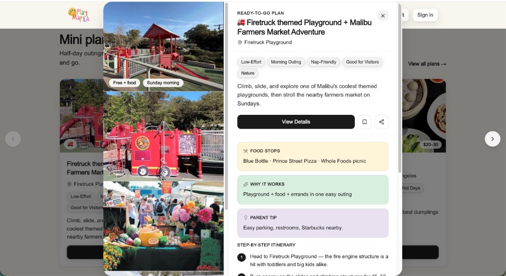 PlayMap LA ready-to-go plan detail with food stops, parent tips, and step-by-step itinerary